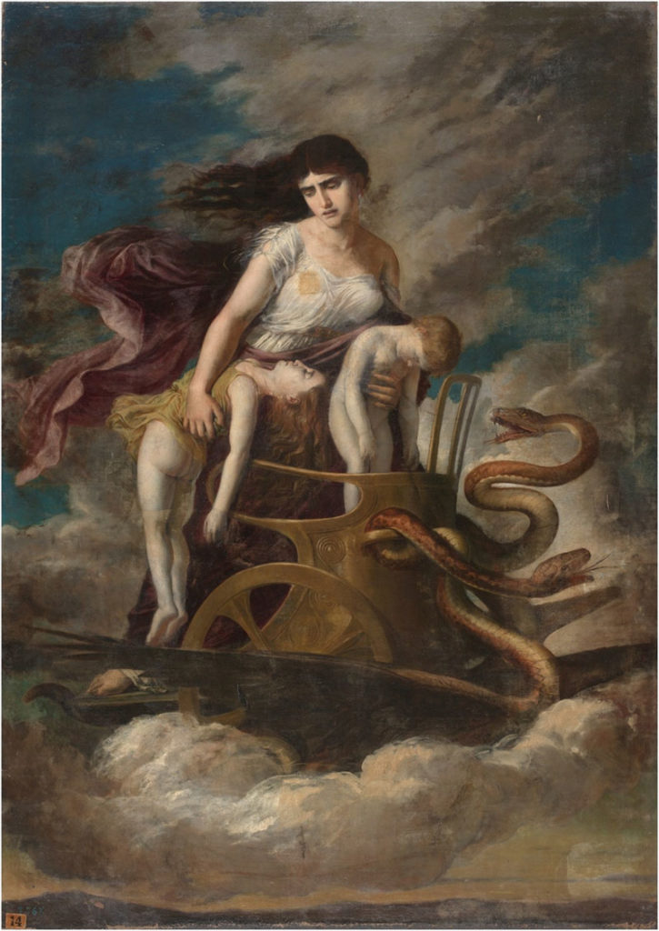 Medea, con los hijos muertos, huye de Corinto en un carro tirado por dragones 